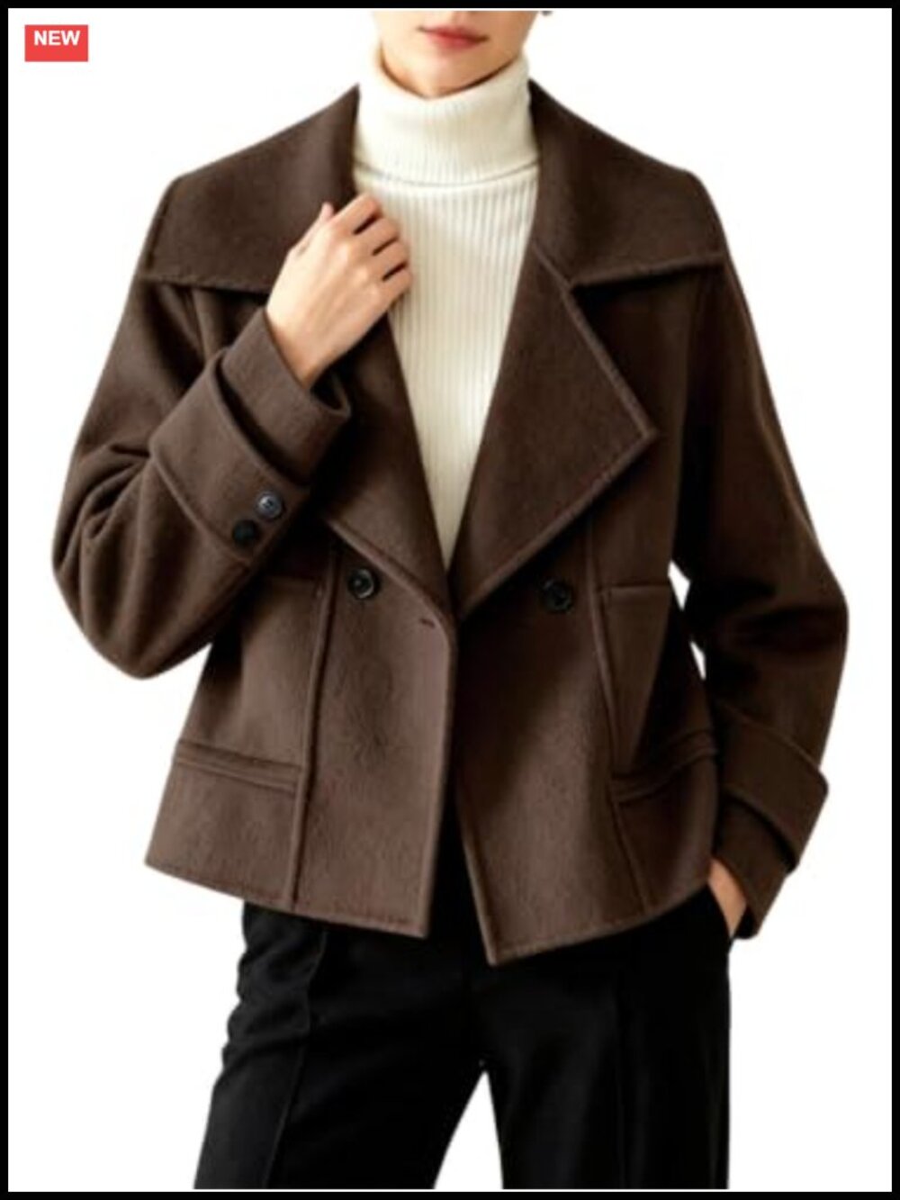 Wool Blend Cropped Pea Coat Notched Lapel Double Breasted Pockets